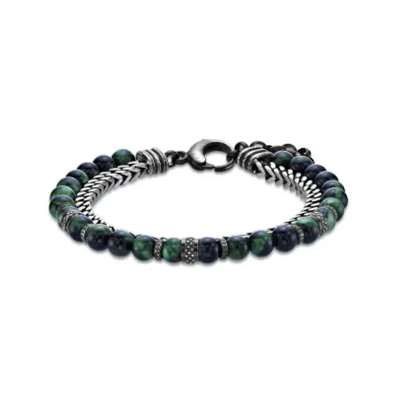 Stainless Steel Green Tiger's Eye Bead Foxtail Chain Bracelet