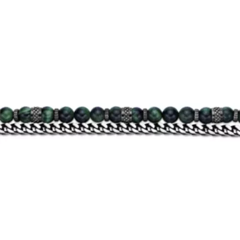 Stainless Steel Green Tiger's Eye Bead Foxtail Chain Bracelet