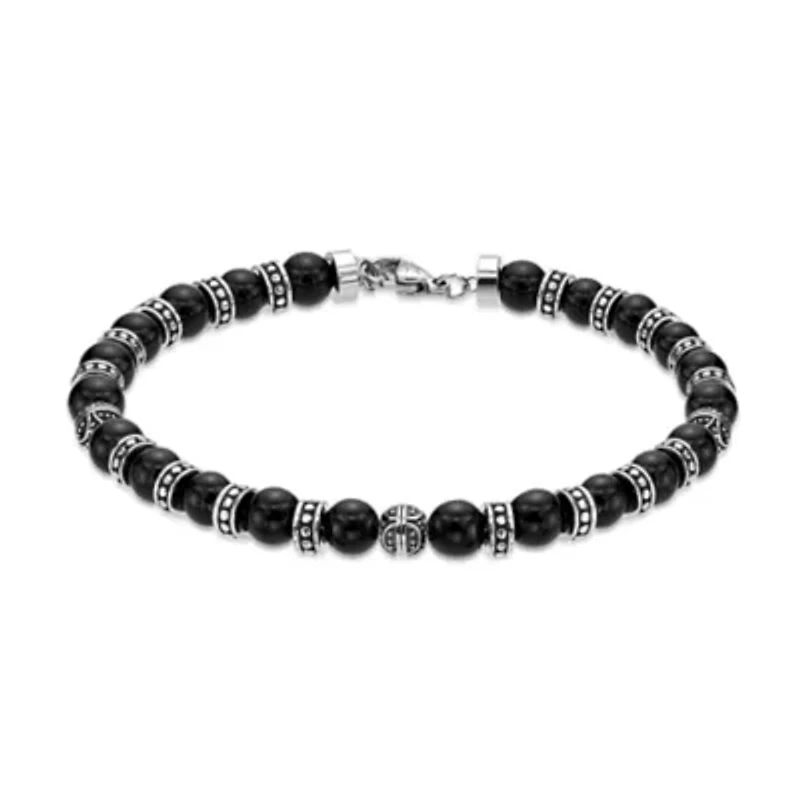 Black Agate and Stainless Steel Bracelet 8.5"