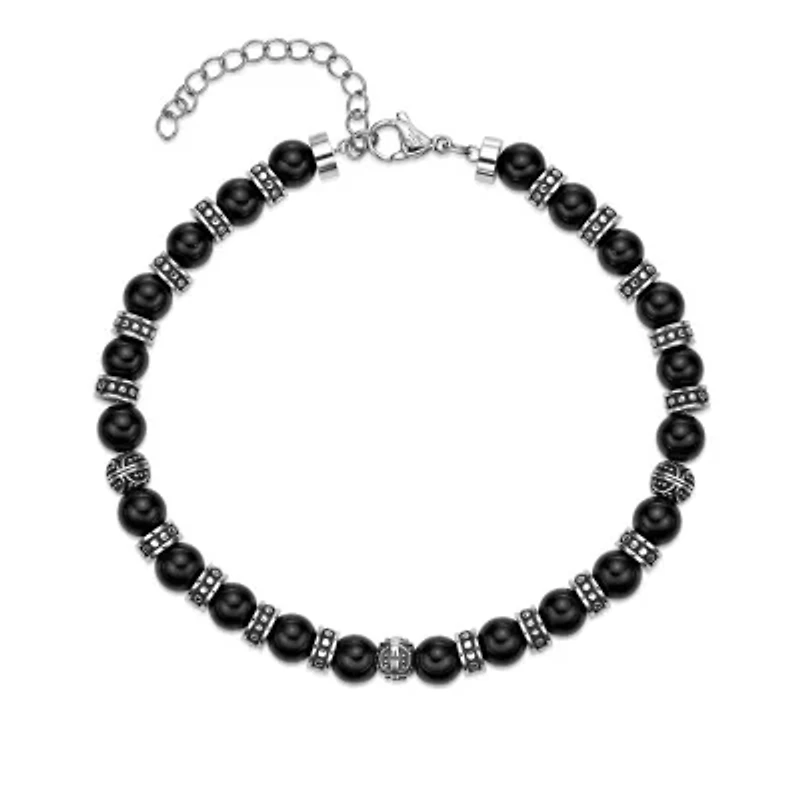 Black Agate and Stainless Steel Bracelet 8.5"