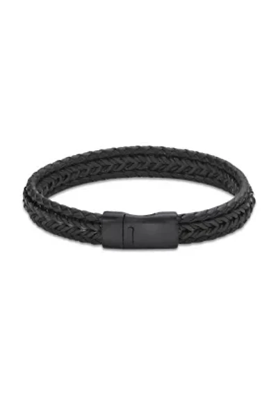 Black Ion Plated Stainless Steel and Brown Leather & Cord Bracelet in 8.5"