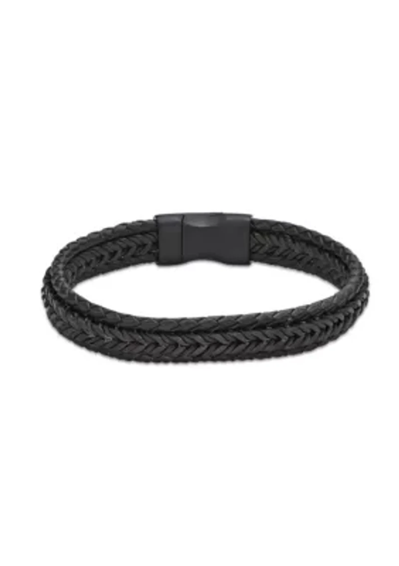 Black Ion Plated Stainless Steel and Brown Leather & Cord Bracelet in 8.5"