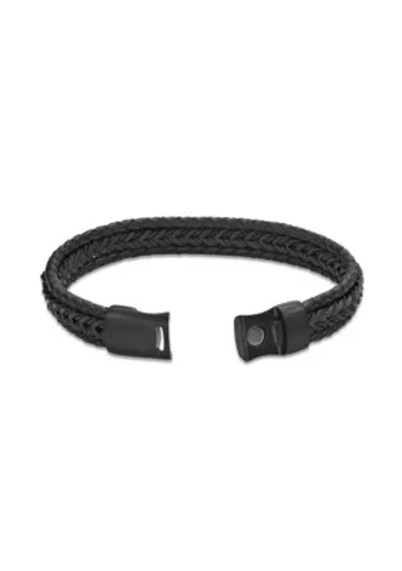 Black Ion Plated Stainless Steel and Brown Leather & Cord Bracelet in 8.5"