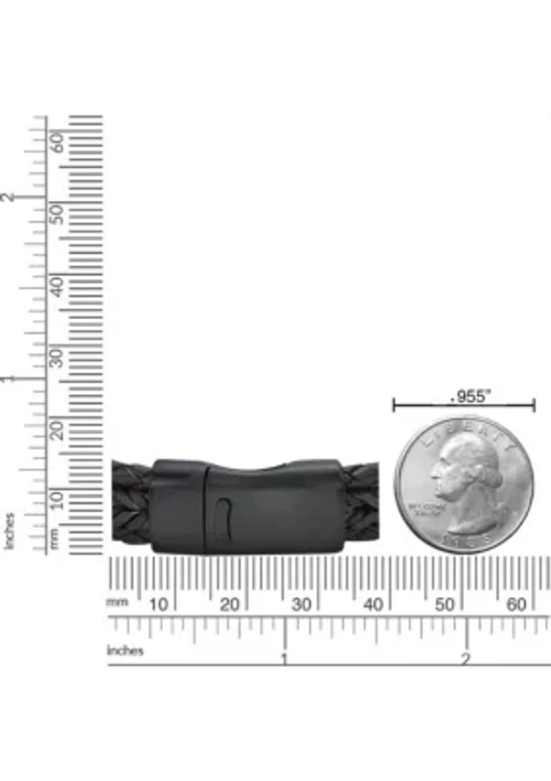 Black Ion Plated Stainless Steel and Brown Leather & Cord Bracelet in 8.5"