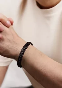 Black Ion Plated Stainless Steel and Brown Leather & Cord Bracelet in 8.5"