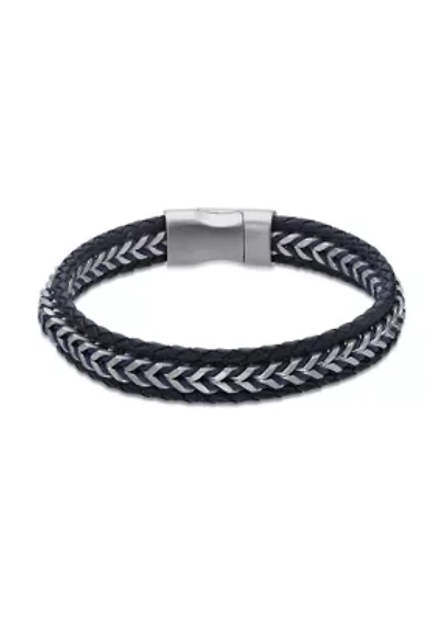 Braided Stainless Steel, Blue Leather and Blue Cord Bracelet in 8.5"