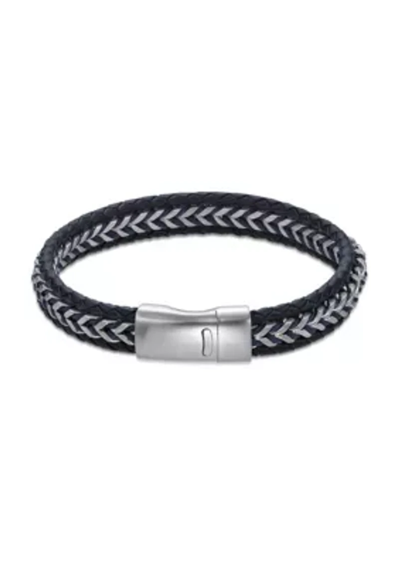 Braided Stainless Steel, Blue Leather and Blue Cord Bracelet in 8.5"