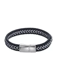 Braided Stainless Steel, Blue Leather and Blue Cord Bracelet in 8.5"