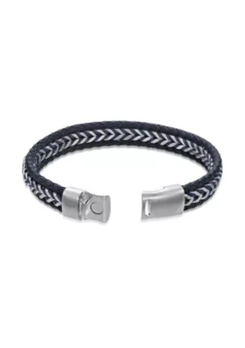 Braided Stainless Steel, Blue Leather and Blue Cord Bracelet in 8.5"
