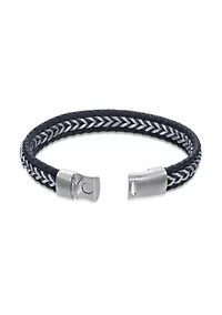 Braided Stainless Steel, Blue Leather and Blue Cord Bracelet in 8.5"