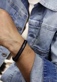 Braided Stainless Steel, Blue Leather and Blue Cord Bracelet in 8.5"