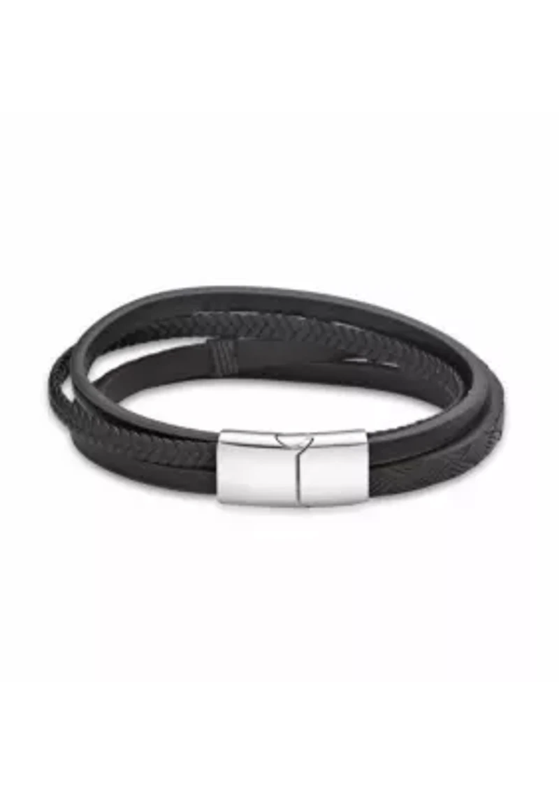 Stainless Steel, Black & Brown Leather Multi Strand Cross Bracelet in 8.5"