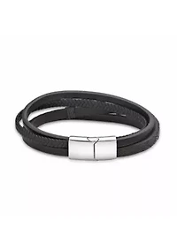 Stainless Steel, Black & Brown Leather Multi Strand Cross Bracelet in 8.5"