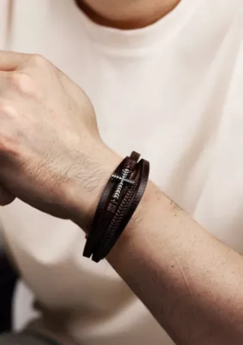 Stainless Steel, Black & Brown Leather Multi Strand Cross Bracelet in 8.5"