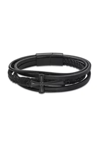 Black Ion Plated Stainless Steel and  Black Leather Multi Strand Cross Bracelet in 8.5"