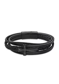 Black Ion Plated Stainless Steel and  Black Leather Multi Strand Cross Bracelet in 8.5"