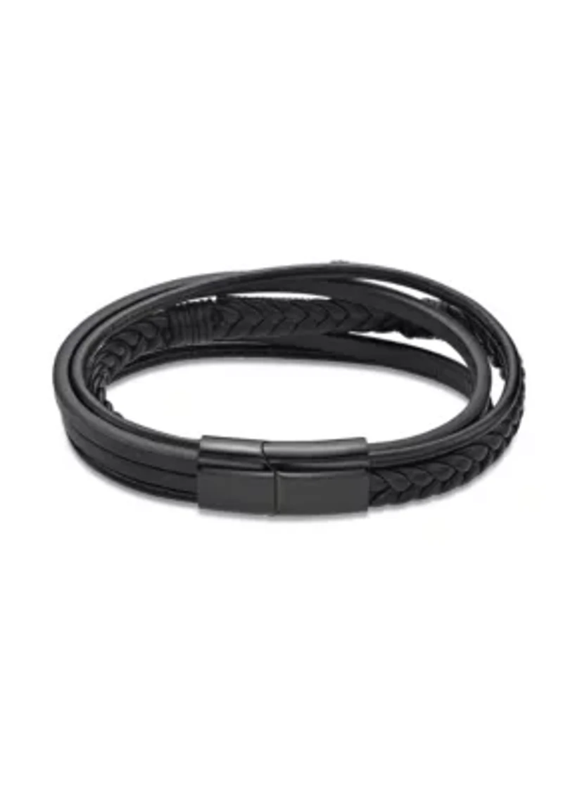 Black Ion Plated Stainless Steel and  Black Leather Multi Strand Cross Bracelet in 8.5"