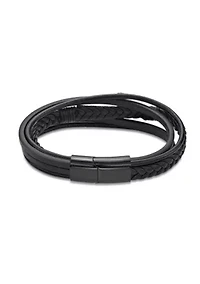 Black Ion Plated Stainless Steel and  Black Leather Multi Strand Cross Bracelet in 8.5"