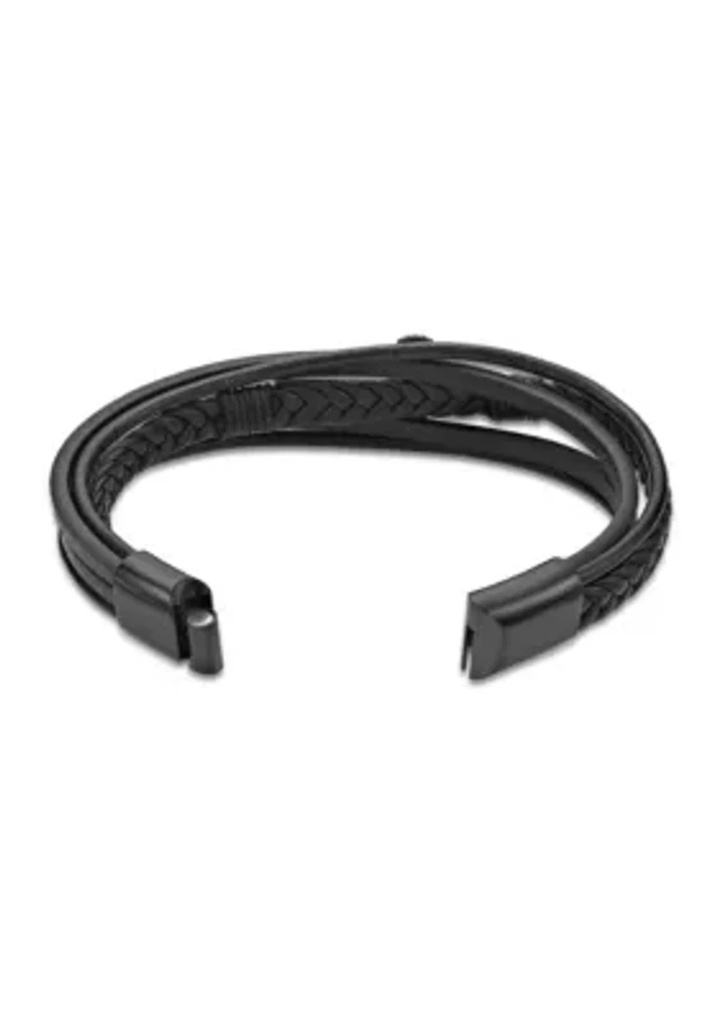 Black Ion Plated Stainless Steel and  Black Leather Multi Strand Cross Bracelet in 8.5"