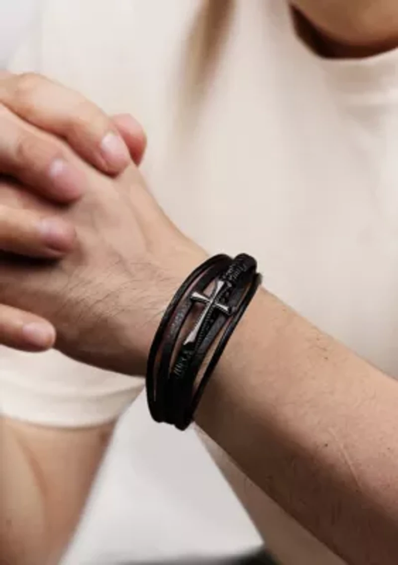 Black Ion Plated Stainless Steel and  Black Leather Multi Strand Cross Bracelet in 8.5"