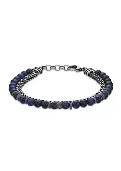 Antique Black–Finish Stainless Steel & Blue Tiger Eye Bracelet 8.5"
