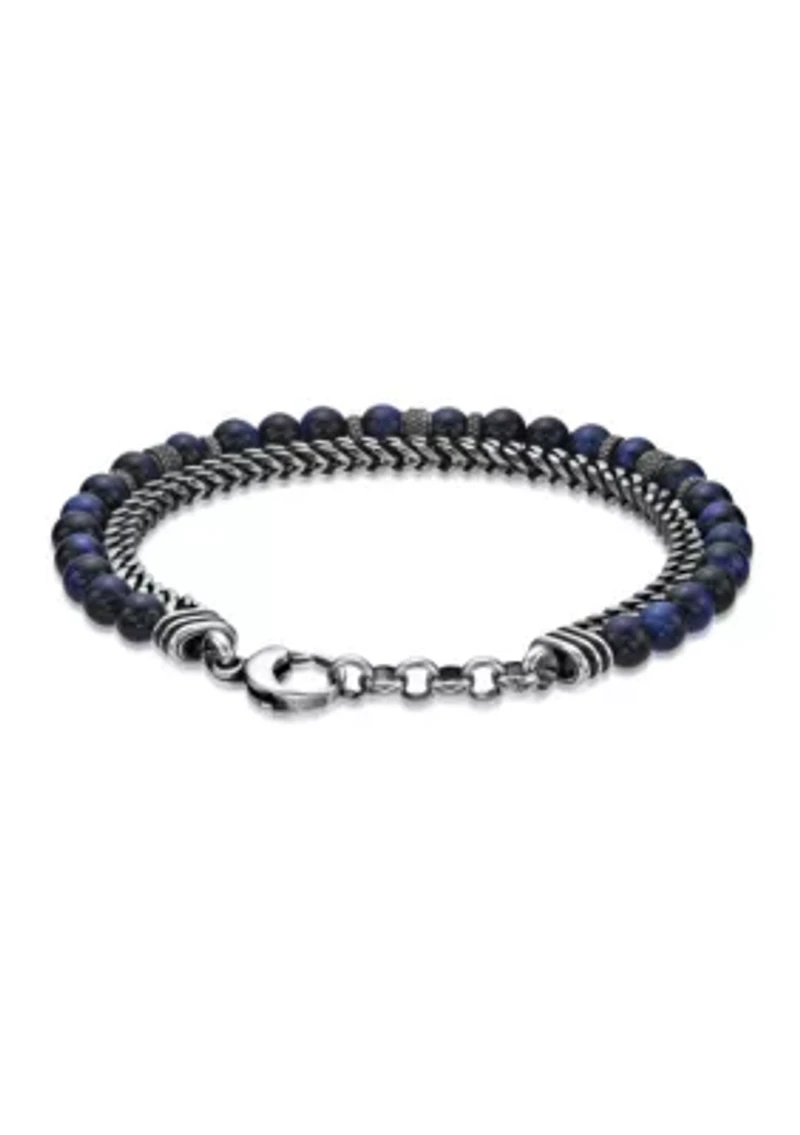 Antique Black–Finish Stainless Steel & Blue Tiger Eye Bracelet 8.5"