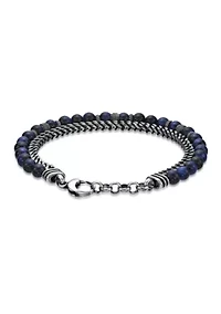 Antique Black–Finish Stainless Steel & Blue Tiger Eye Bracelet 8.5"