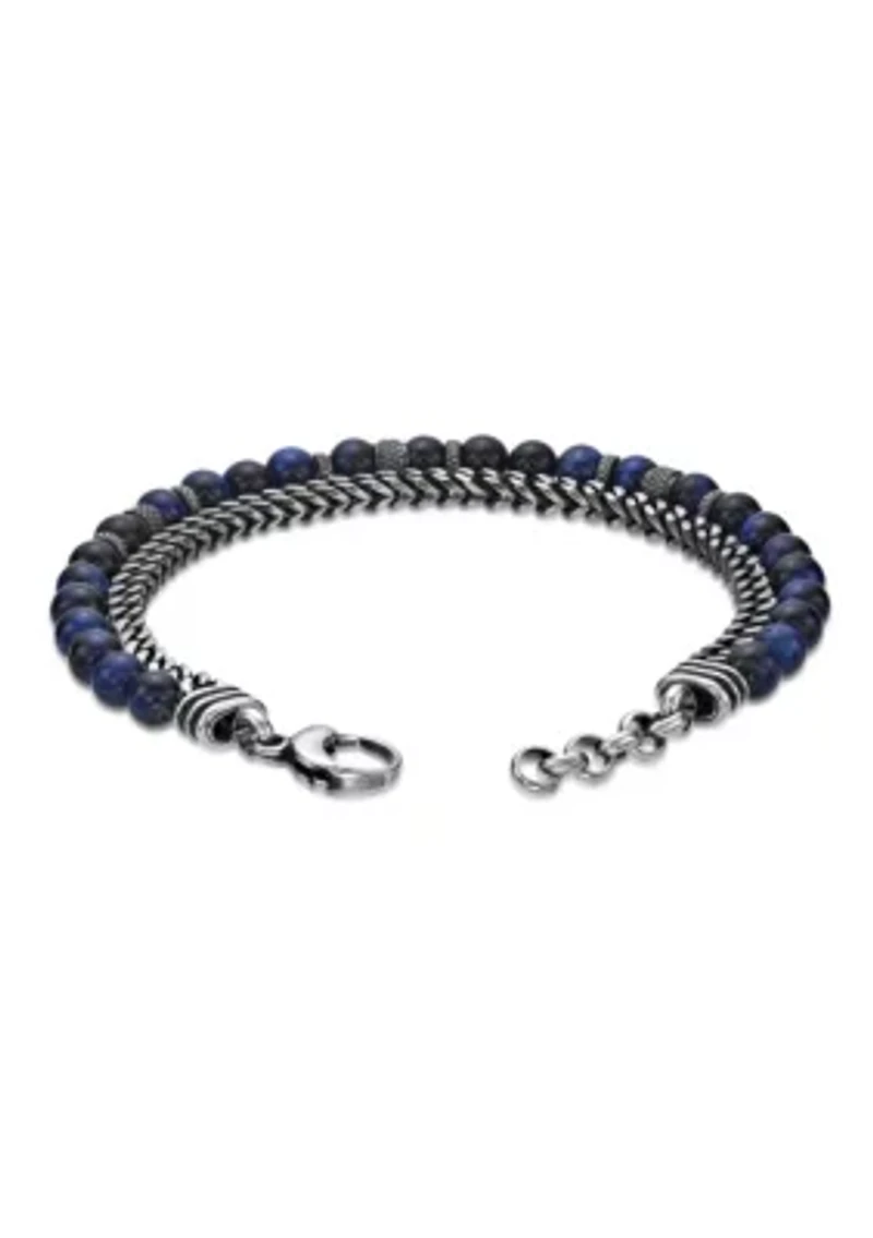 Antique Black–Finish Stainless Steel & Blue Tiger Eye Bracelet 8.5"