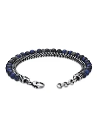 Antique Black–Finish Stainless Steel & Blue Tiger Eye Bracelet 8.5"