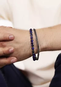 Antique Black–Finish Stainless Steel & Blue Tiger Eye Bracelet 8.5"