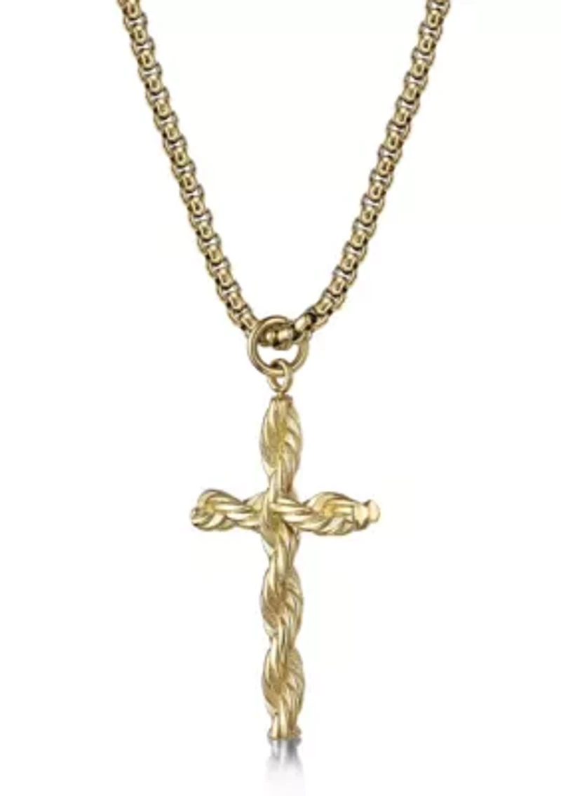 Stainless Steel Cross Pendant with Gold Ip and 24" Round Box Chain