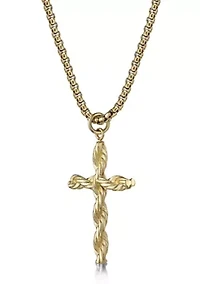 Stainless Steel Cross Pendant with Gold Ip and 24" Round Box Chain