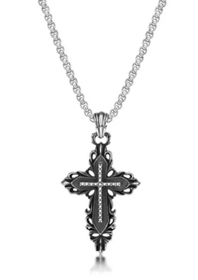 Antique Black Finish Stainless Steel Cross Pendant with 24" Round Box Chain