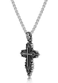 Antique Black Finish Stainless Steel Cross Pendant with 24" Round Box Chain