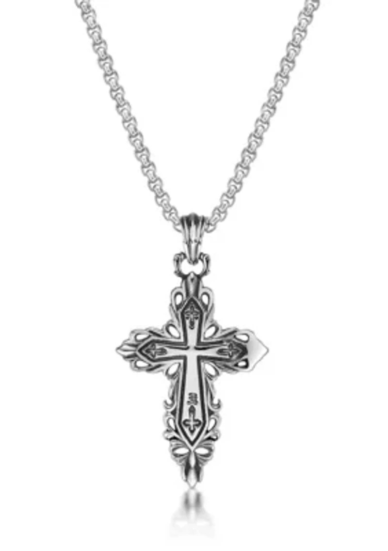 Antique Black Finish Stainless Steel Cross Pendant with 24" Round Box Chain