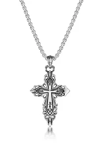 Antique Black Finish Stainless Steel Cross Pendant with 24" Round Box Chain