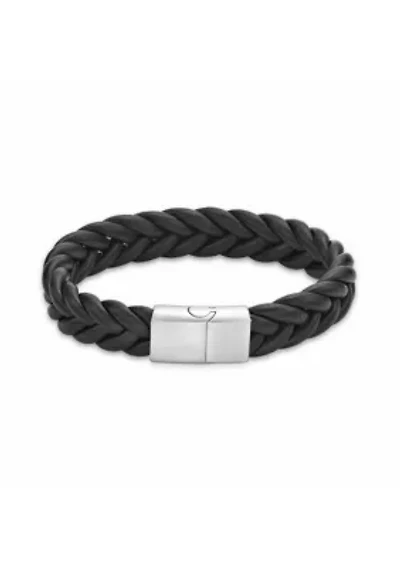 Stainless Steel and Braided Black Leather Bracelet