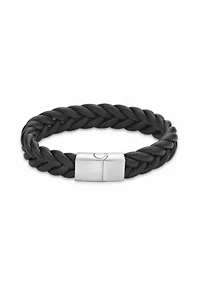 Stainless Steel and Braided Black Leather Bracelet