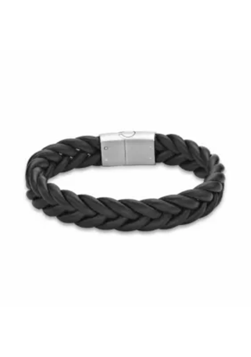 Stainless Steel and Braided Black Leather Bracelet