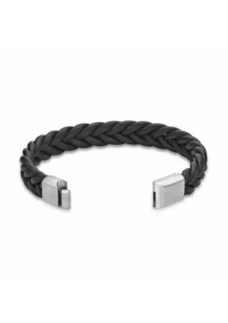 Stainless Steel and Braided Black Leather Bracelet