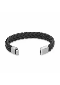 Stainless Steel and Braided Black Leather Bracelet