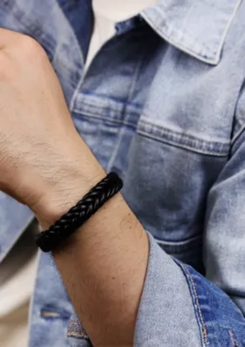 Stainless Steel and Braided Black Leather Bracelet