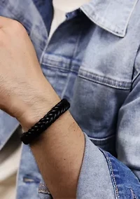 Stainless Steel and Braided Black Leather Bracelet