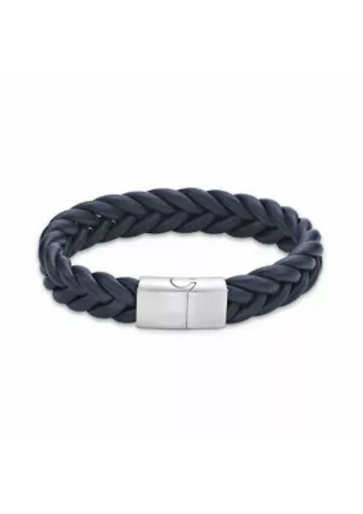 Stainless Steel and Braided Blue Leather Bracelet