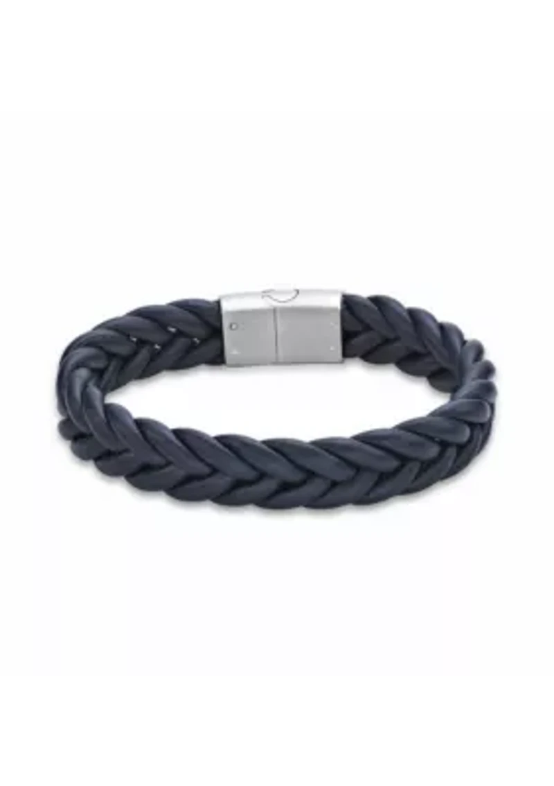 Stainless Steel and Braided Blue Leather Bracelet
