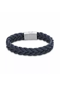 Stainless Steel and Braided Blue Leather Bracelet