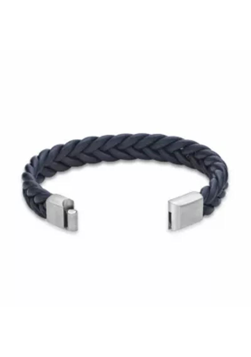 Stainless Steel and Braided Blue Leather Bracelet