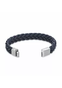 Stainless Steel and Braided Blue Leather Bracelet