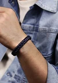Stainless Steel and Braided Blue Leather Bracelet