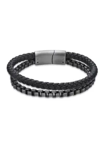 Matte Finish Stainless Steel Box Chain and Braided Black Leather Bracelet